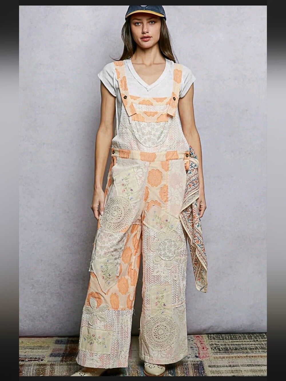 POL Peach & Cream Patchwork Wide-Leg Overalls NWOT